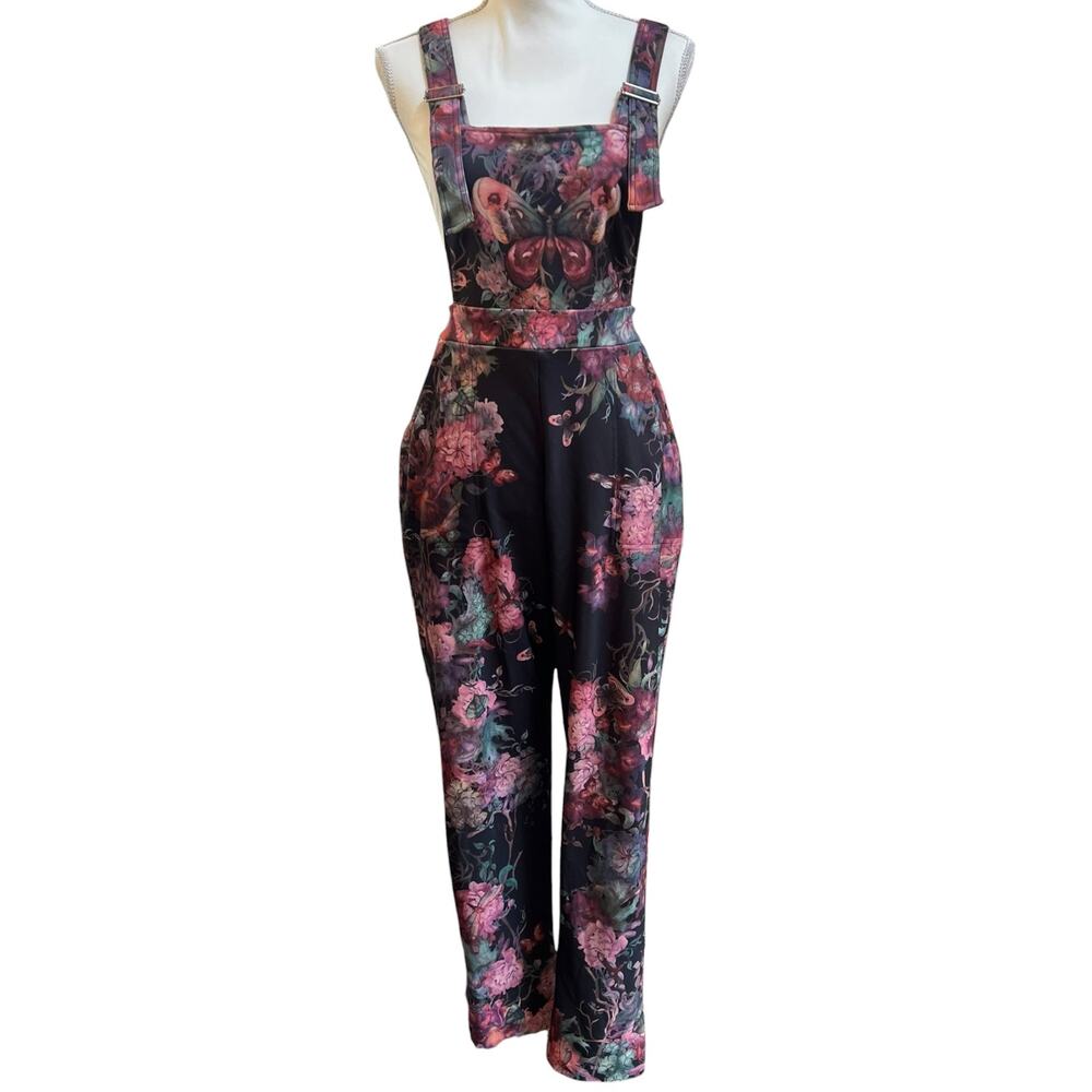 BlackMilk Floral Moth Print Overalls Jumpsuit Adjustable Straps Size Small